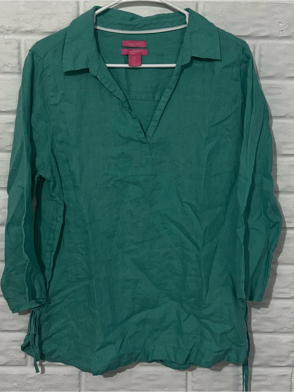 Isaac Mizrahi New York Shirt Women’s Large Teal Turquoise Linen Blouse V Neck